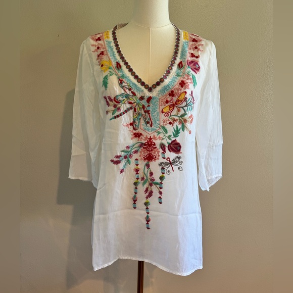Johnny Was Tops - Johnny Was White V-Neck Tunic with Dragonfly and Floral Embroidery